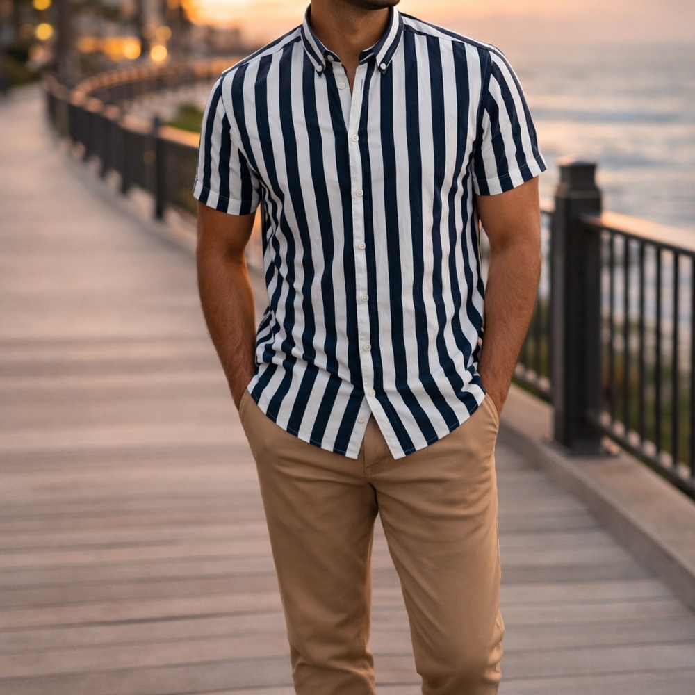 Denim & Flower Ricky Singh Striped Shirt Men M Navy White Cotton